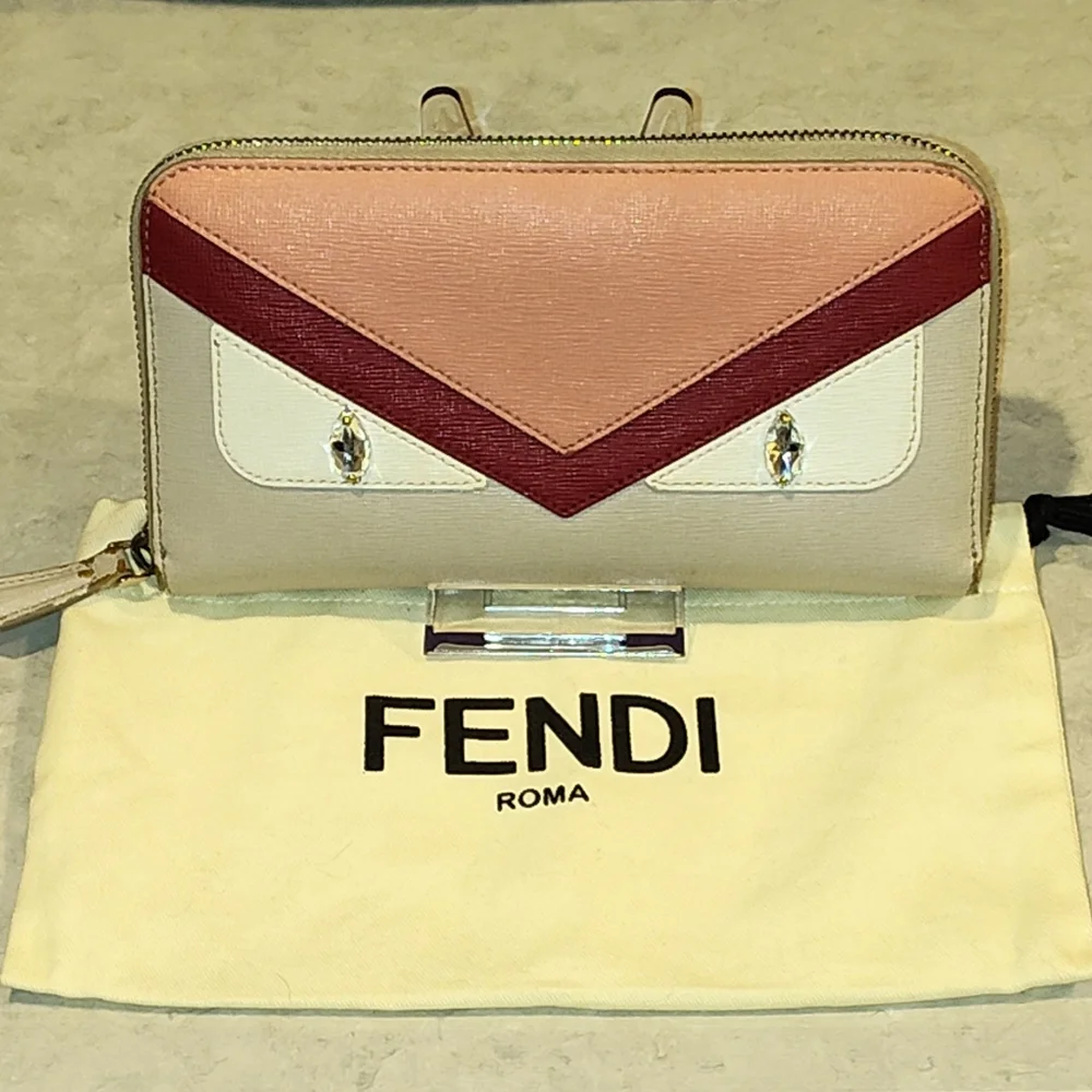 FENDI VITELLO ELITE CRYSTAL EYE  COLORBLOCK MONSTER ZIPPY LONG Wallet & DUSTBAG